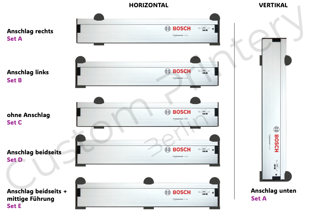 Schwarze Halterung für Bosch FSN Führungsschienen, montierbar an Wand oder Decke. Ideal zur sicheren, platzsparenden Aufbewahrung in Werkstätten. Arretiermechanismus für stabilen Halt, einfache Befestigung durch Schrauben oder Klebeband